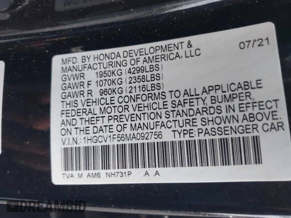 2021 Honda Accord EX-L z VIN 1HGCV1F56MA092756, wystawiony jako IAAI lot #43489233 z przebiegiem 111 126 mil mil oraz . Historia ofert i sprzedaży dostępna na DreamBid. Obrazek 9.