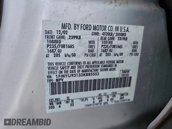 ✅ 2003 Ford Escape XLT Popular 2 • VIN: 1FMYU93133KB85553 • Lot: 95891575. Listed on Copart with 130,488 mi. Free auction sales archive from the USA and detailed vehicle history report at DreamBid. Image 13.