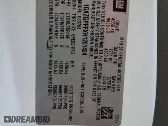 2017 Chevrolet Express Passenger LT с VIN 1GAZGPFFXH1281424, выставлен на аукционе Copart как лот 43354815 с пробегом 110 227 миль миль и Списание • Salvage title. История ставок и продаж доступна на DreamBid. Изображение 14.