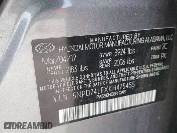 2019 Hyundai Elantra SE z VIN 5NPD74LFXKH475455, wystawiony jako Copart lot #85180005 z przebiegiem 54 979 mil mil oraz Szkoda całkowita • Salvage title. Historia ofert i sprzedaży dostępna na DreamBid. Obrazek 13.