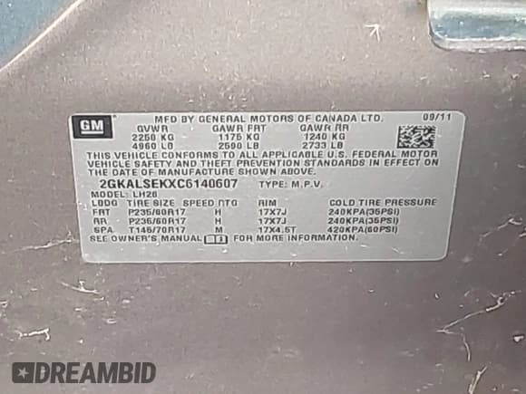 ✅ 2012 GMC Terrain SLE-2 • VIN: 2GKALSEKXC6140607 • Lot: 43178636. Listed on IAAI with 168,908 mi. Free auction sales archive from the USA and detailed vehicle history report at DreamBid. Image 9.