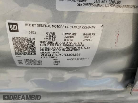 2024 Chevrolet Silverado 3500HD LT with VIN 2GC4YTEY9R1106295, listed as a Copart auction lot 67217095 with 56,626 mi miles and Salvage title. Bid and sale history available at DreamBid. Image 12.