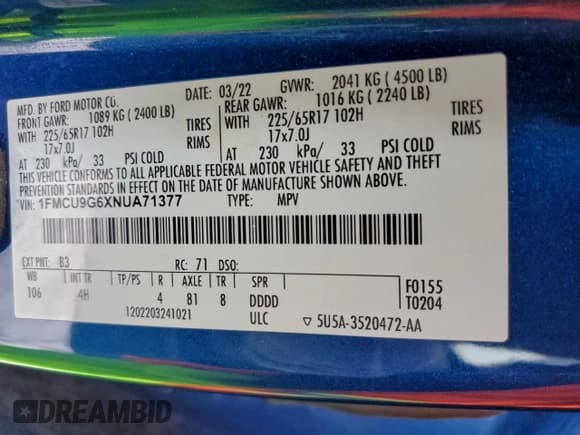 ✅ 2022 Ford Escape SE • VIN: 1FMCU9G6XNUA71377 • Lot: 95140915. Listed on Copart with 96,420 mi. Free auction sales archive from the USA and detailed vehicle history report at DreamBid. Image 13.