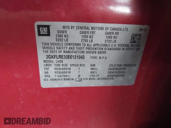 ✅ 2014 GMC Terrain SLE • VIN: 2GKFLRE30E6131943 • Lot: 43749573. Listed on IAAI with 124,831 mi. Free auction sales archive from the USA and detailed vehicle history report at DreamBid. Image 9.