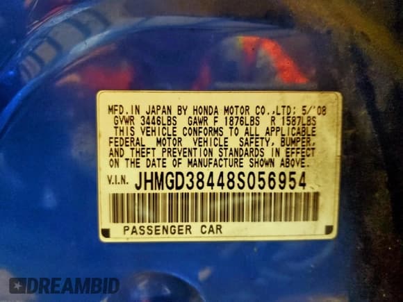 ✅ 2008 Honda Fit • VIN: JHMGD38448S056954 • Lot: 94744995. Listed on Copart with 97,611 mi. Free auction sales archive from the USA and detailed vehicle history report at DreamBid. Image 13.