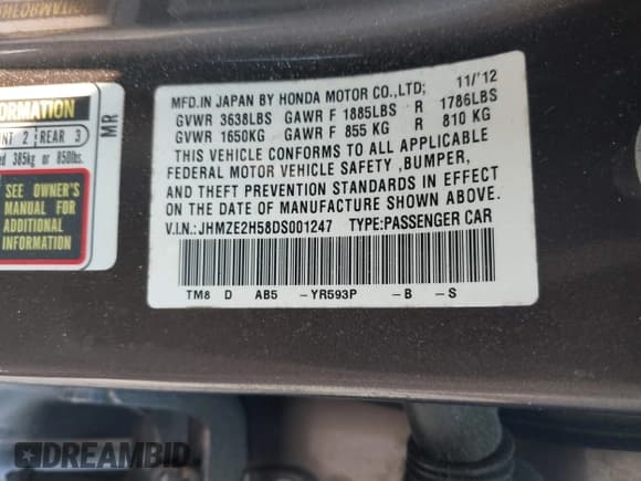 ✅ 2013 Honda Insight LX • VIN: JHMZE2H58DS001247 • Lot: 43801615. Listed on IAAI with 113,454 mi. Free auction sales archive from the USA and detailed vehicle history report at DreamBid. Image 9.