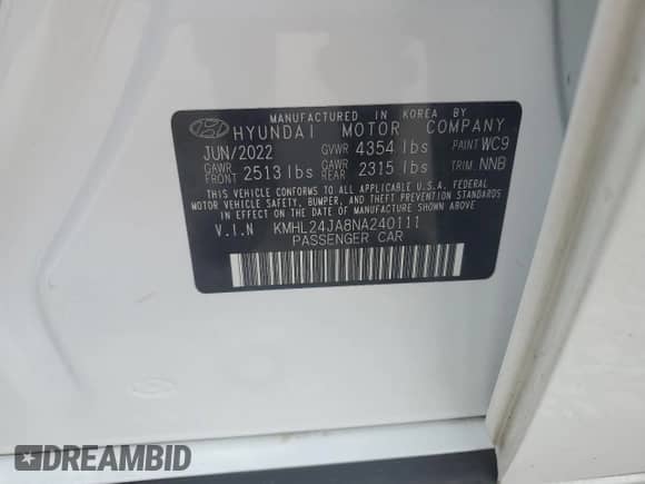 2022 Hyundai Sonata SE с VIN KMHL24JA8NA240111, выставлен на аукционе Copart как лот 70659145 с пробегом 43 290 миль миль и Списание • Salvage title. История ставок и продаж доступна на DreamBid. Изображение 12.