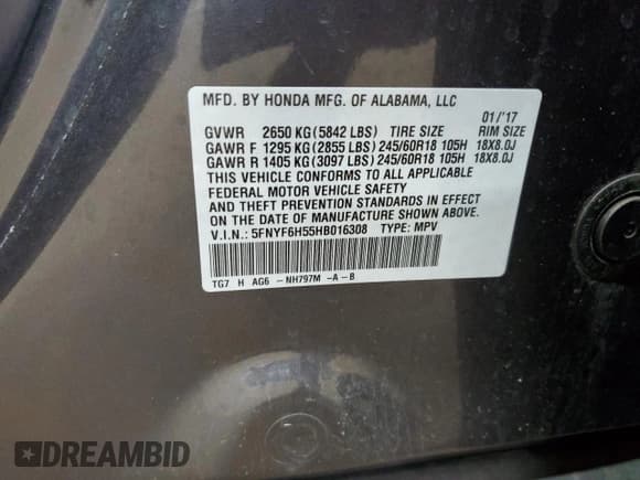 ✅ 2017 Honda Pilot EX-L • VIN: 5FNYF6H55HB016308 • Lot: 92990635. Listed on Copart with 129,902 mi. Free auction sales archive from the USA and detailed vehicle history report at DreamBid. Image 13.