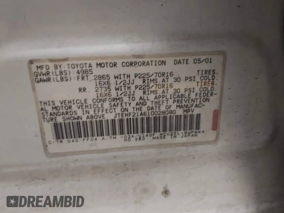 2001 Toyota Highlander с VIN JTEHF21A610028080, выставлен на аукционе IAAI как лот 43011016 с пробегом 254 001 миль миль и . История ставок и продаж доступна на DreamBid. Изображение 9.