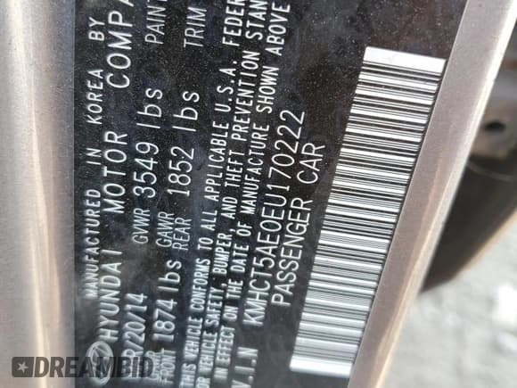 ✅ 2014 Hyundai Accent GS • VIN: KMHCT5AE0EU170222 • Лот: 70260454. Опубликован ранее на Copart с пробегом Не указан. Бесплатный доступ к архиву аукционных продаж из США и подробный отчёт об истории автомобиля на DreamBid. Изображение 13.