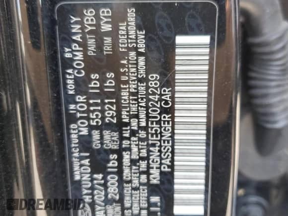 2015 Hyundai Genesis 3.8L z VIN KMHGN4JE5FU024289, wystawiony jako Copart lot #68796624 z przebiegiem 149 108 mil mil oraz Szkoda całkowita • Salvage title. Historia ofert i sprzedaży dostępna na DreamBid. Obrazek 12.