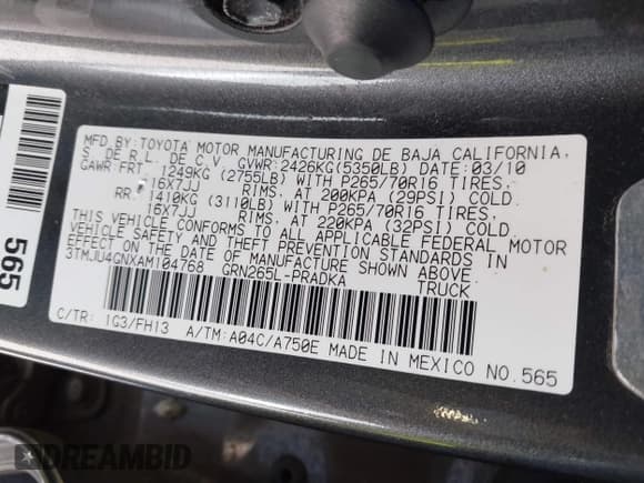 ✅ 2010 Toyota Tacoma PreRunner • VIN: 3TMJU4GNXAM104768 • Lot: 42989199. Listed on IAAI with 251,283 mi. Free auction sales archive from the USA and detailed vehicle history report at DreamBid. Image 9.