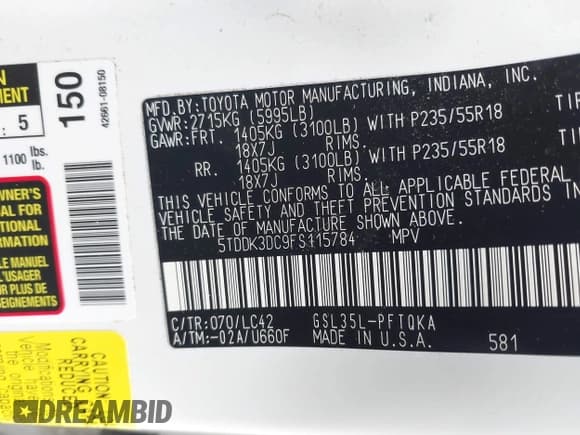 ✅ 2015 Toyota Sienna Limited • VIN: 5TDDK3DC9FS115784 • Лот: 41355934. Опубликован ранее на IAAI с пробегом 125 675 миль. Бесплатный доступ к архиву аукционных продаж из США и подробный отчёт об истории автомобиля на DreamBid. Изображение 9.