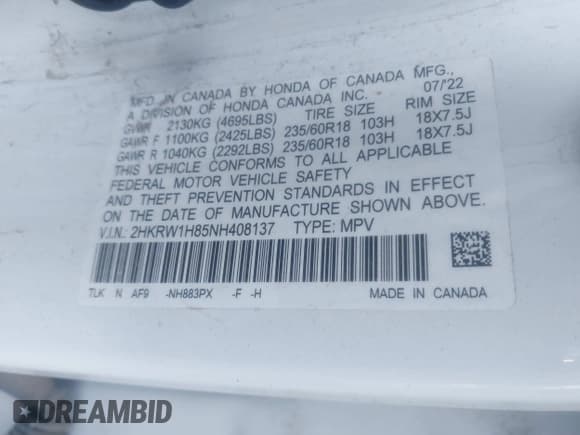 ✅ 2022 Honda CR-V EX-L • VIN: 2HKRW1H85NH408137 • Lot: 42815036. Wystawiony na IAAI z przebiegiem Nie podano. Bezpłatny archiwum sprzedaży aukcyjnych z USA i szczegółowy raport historii pojazdu na DreamBid. Zdjęcie 9.