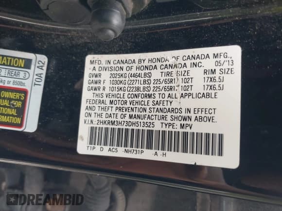 ✅ 2013 Honda CR-V EX-L • VIN: 2HKRM3H73DH513525 • Lot: 43213865. Listed on IAAI with 320,499 mi. Free auction sales archive from the USA and detailed vehicle history report at DreamBid. Image 9.